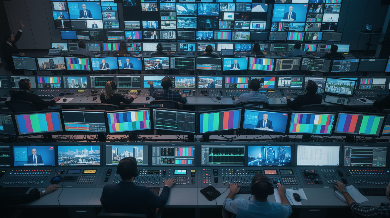 Wide view of a television control room with many screens