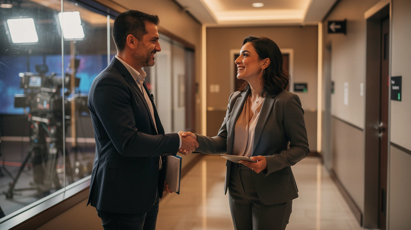 Two colleagues shaking hands after resolving a disagreement