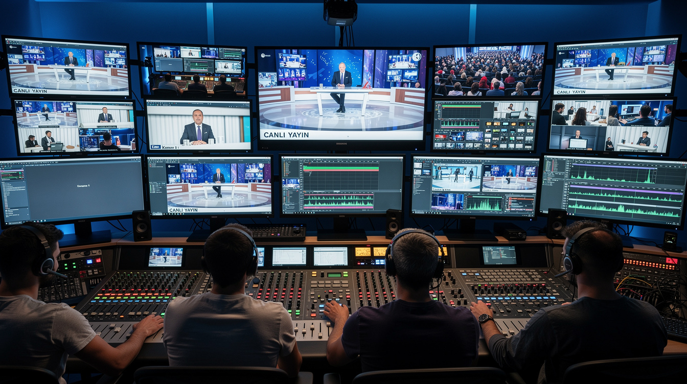 TV broadcast control room with multiple screens