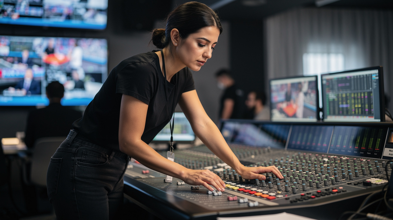 Audio technician adjusting sound levels during live broadcast
